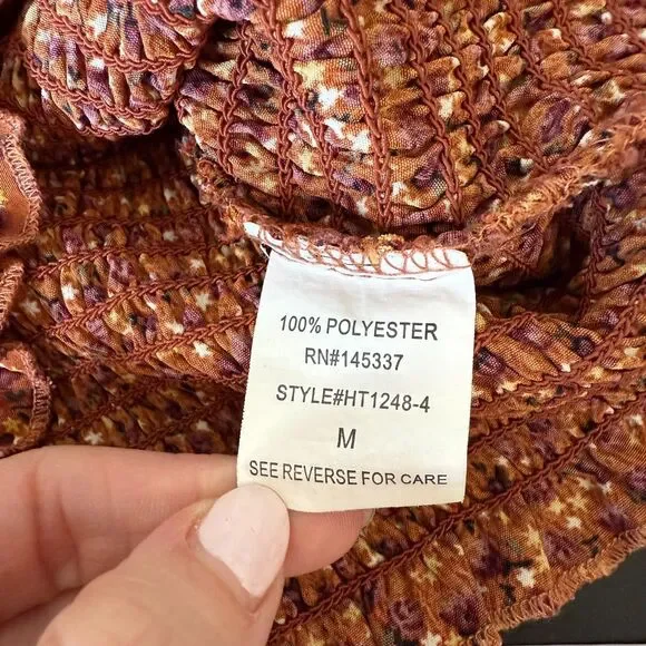 Moody Fall Sz Med Boho Floral Smocked Peasant Balloon Sleeve Crop Top Festival - Picture 12 of 15